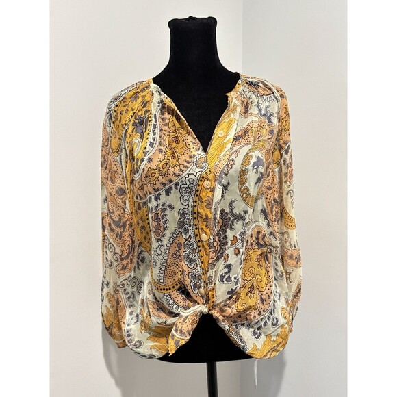 TUCKER Yellow Cream Paisley Silk Boho Peasant Button Front L/S Blouse Top Medium - Picture 4 of 7